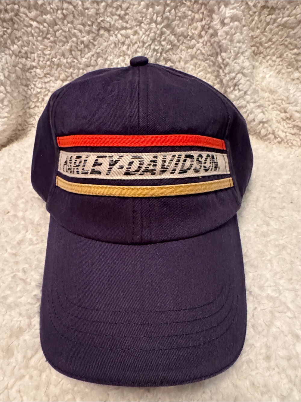 Harley Davidson Men's Navy Strapback Hat Cap Orange Tan Stripe Motorcycle Biker